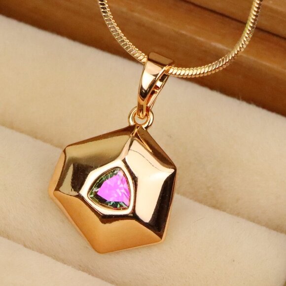"Gold-Plated Hexagon Pendant with Iridescent Rainbow Center Stone, XPPT1750 - Picture 1 of 13